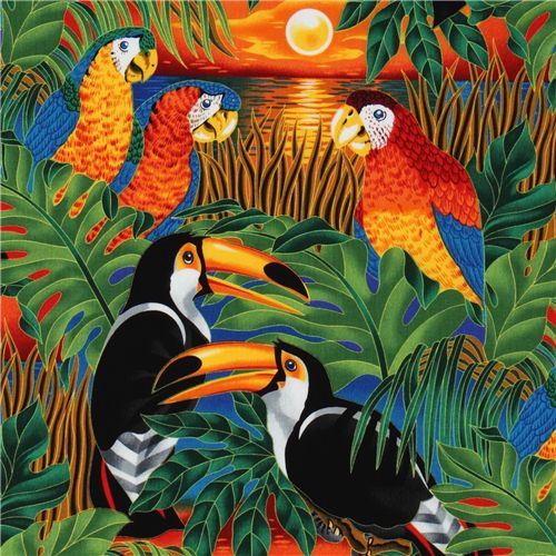 colourful tropical birds fabric parrot Robert Kaufman