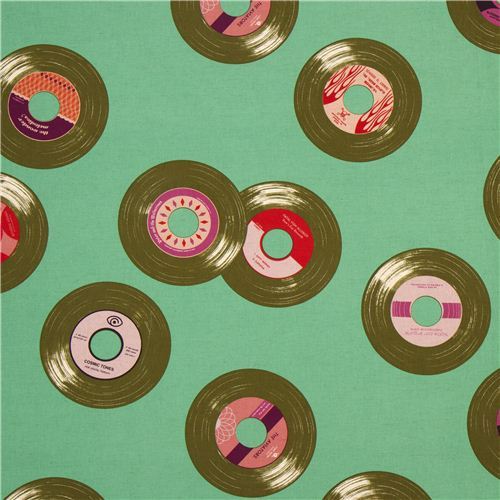 mint green disk record retro fabric by Kokka from Japan